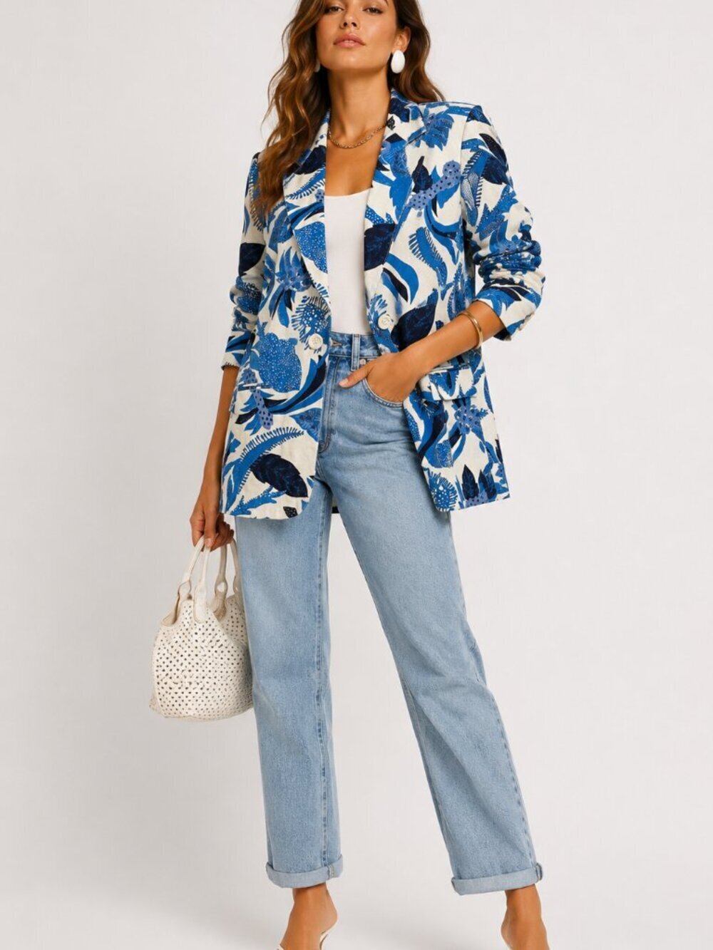 Vintage Harve Benard Linen Blend Tropical Floral Blazer Jacket Size 8 Blue White